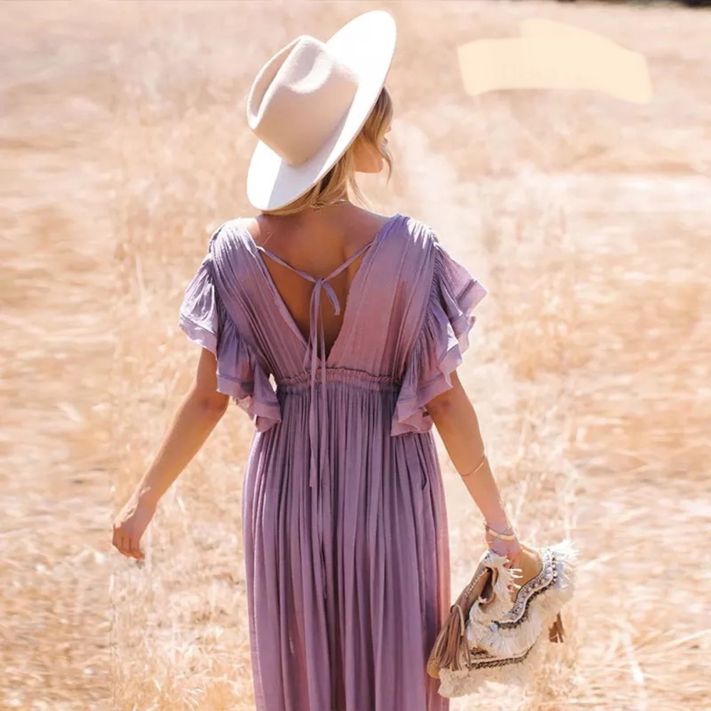 Butterfly Orchid Boho Gauze Button Front Flutter Maxi Dress W/Adjustable Tie - Picture 2 of 12